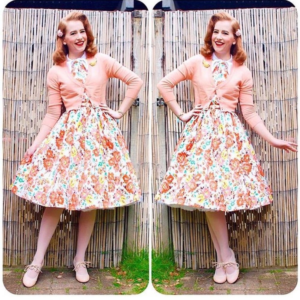Lindy Bop Peach Floral Midi Dress with Pastel Cardigan